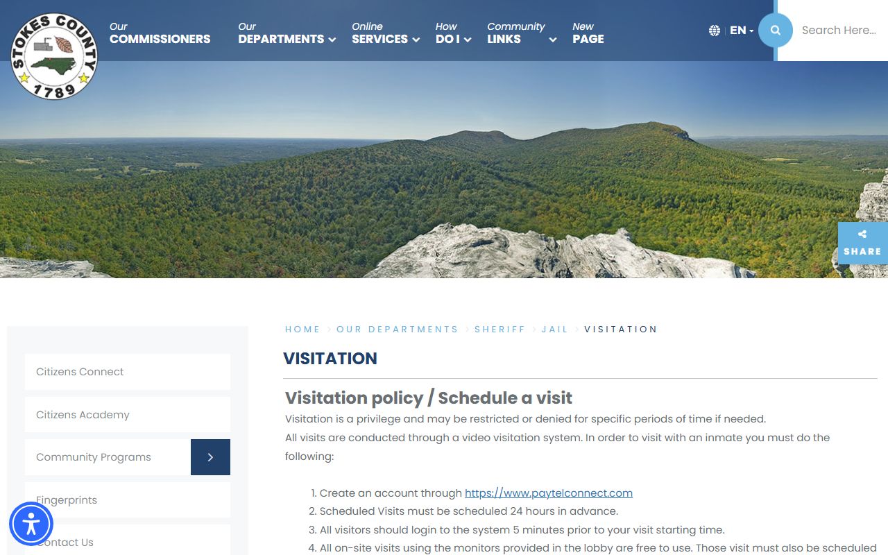 Stokes County Jail visitation schedule and PayTel video visit rules