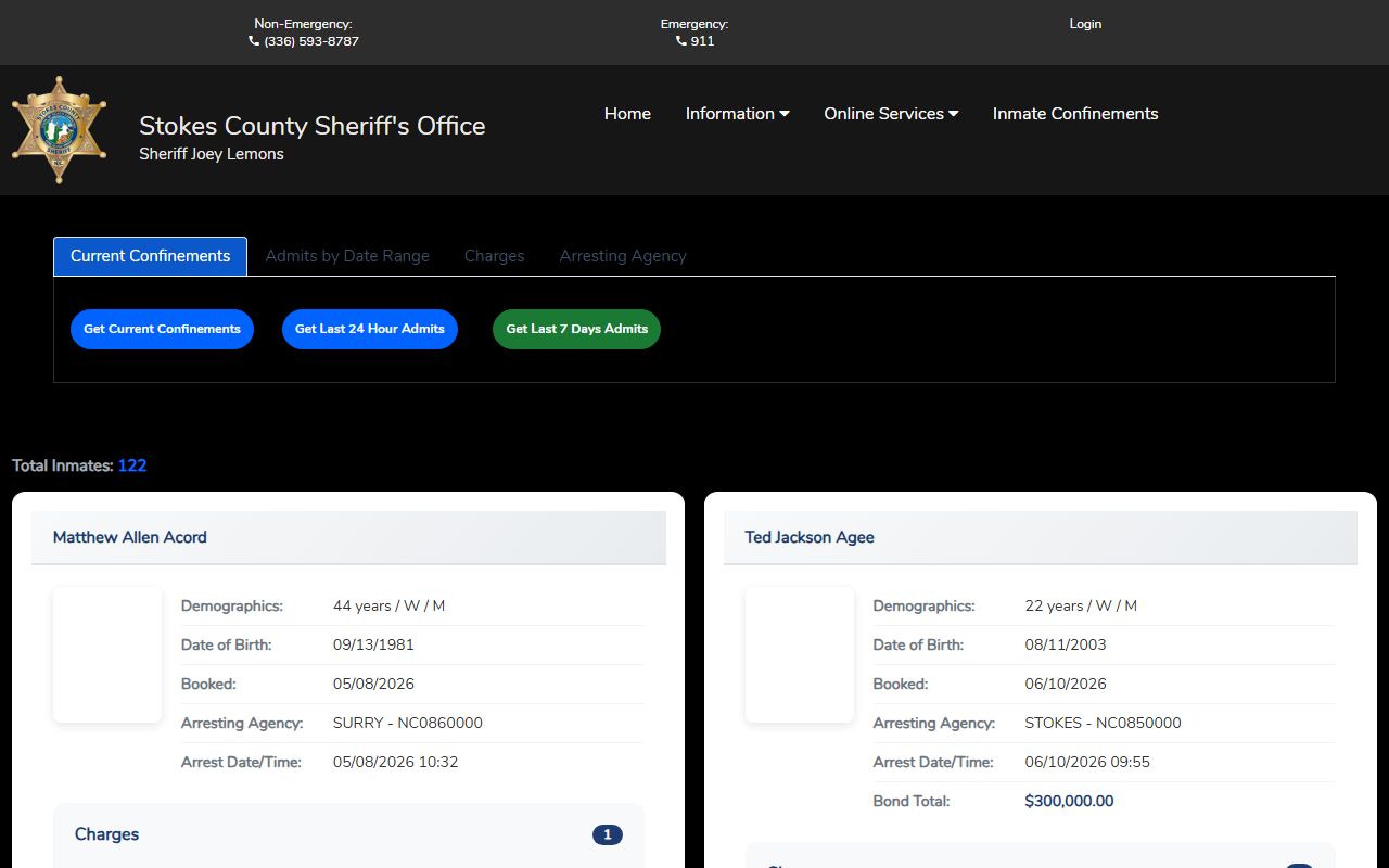 Stokes County inmate population roster search fields on Citizen Connect